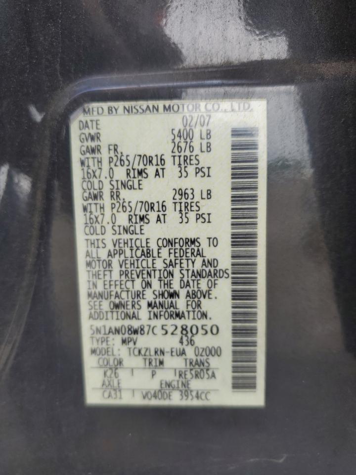 2007 Nissan Xterra Off Road VIN: 5N1AN08W87C528050 Lot: 56787265