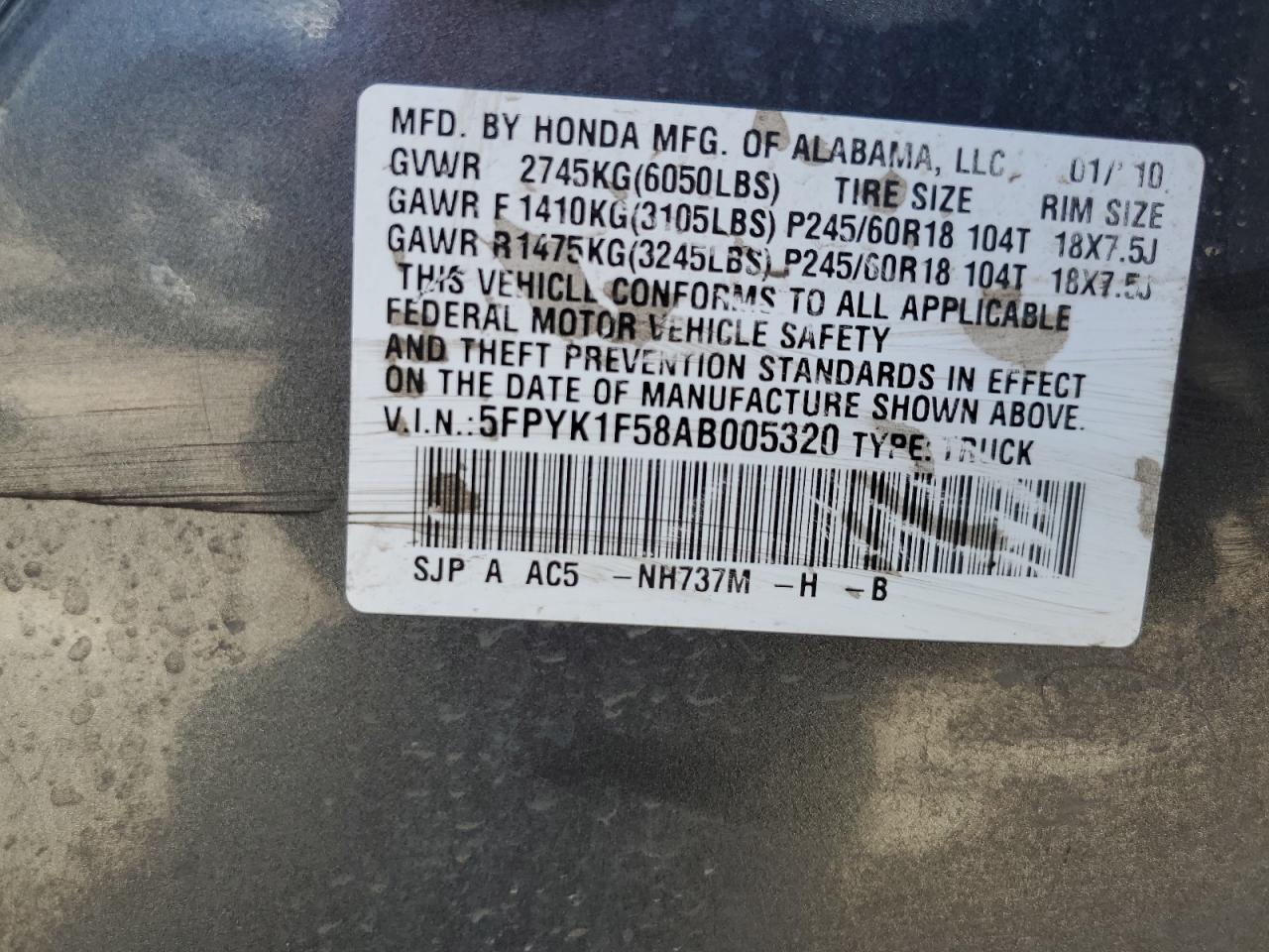 2010 Honda Ridgeline Rtl VIN: 5FPYK1F58AB005320 Lot: 56564195