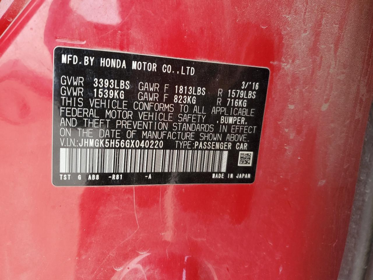 2016 Honda Fit Lx VIN: JHMGK5H56GX040220 Lot: 56584665
