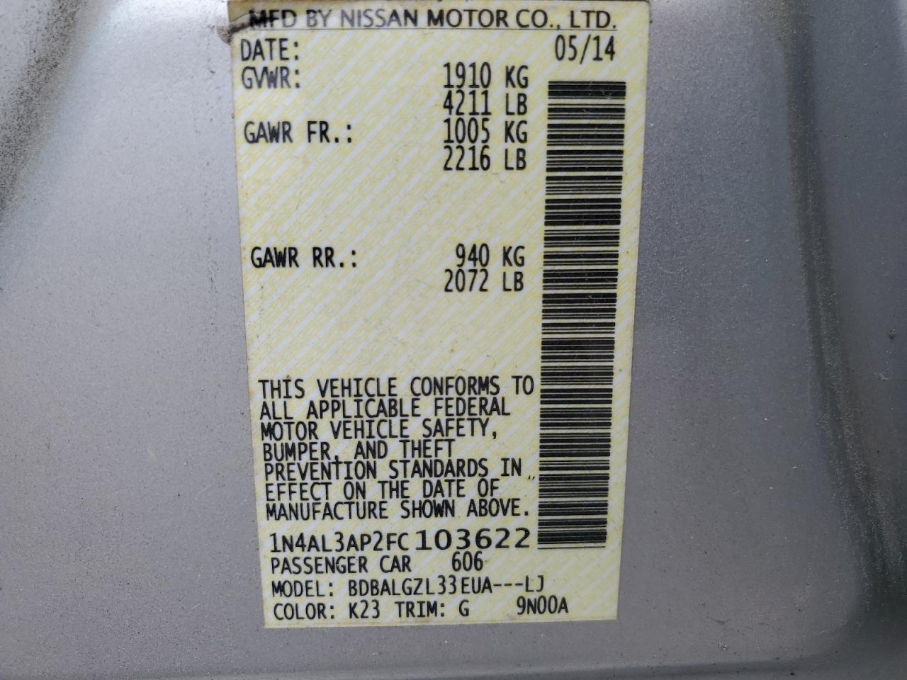 2015 Nissan Altima 2.5 VIN: 1N4AL3AP2FC103622 Lot: 58539625
