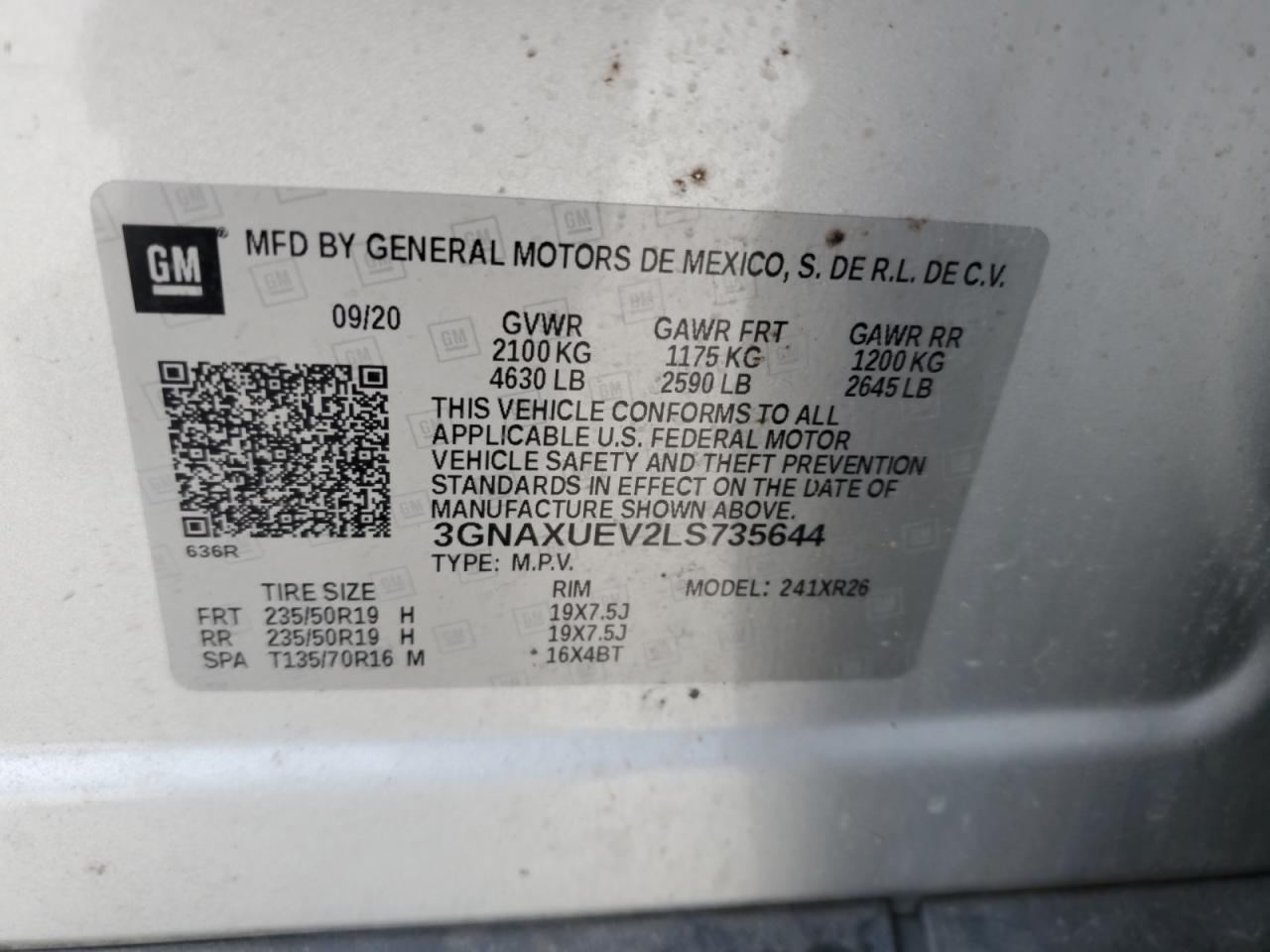 2020 Chevrolet Equinox Lt VIN: 3GNAXUEV2LS735644 Lot: 56923995