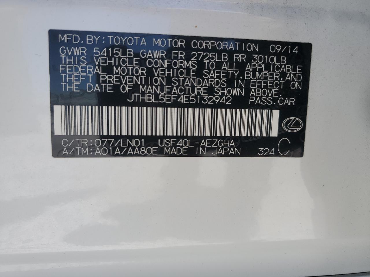 2014 Lexus Ls 460 VIN: JTHBL5EF4E5132942 Lot: 58851255