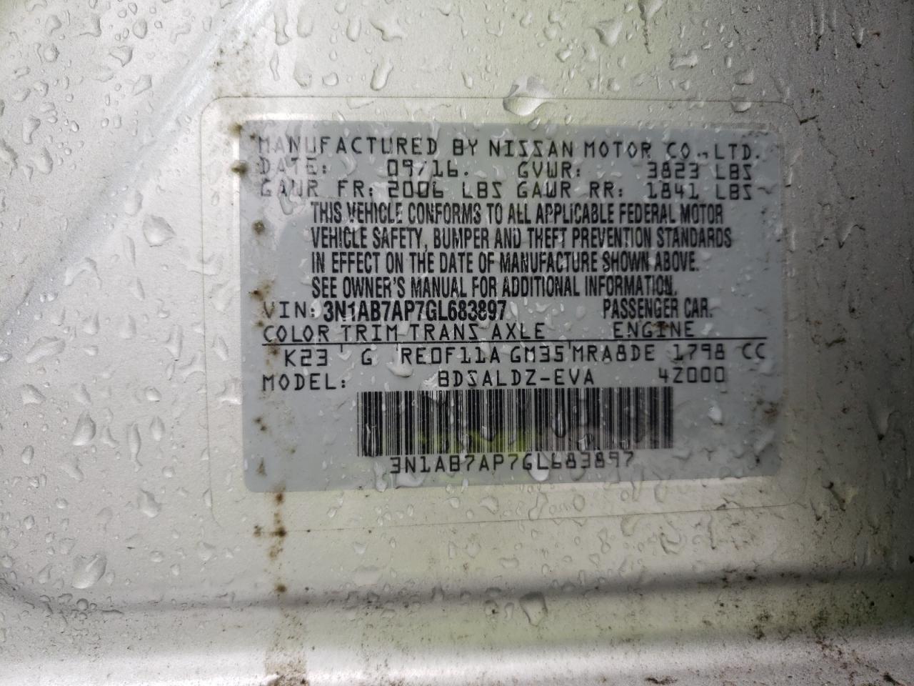 2016 Nissan Sentra S VIN: 3N1AB7AP7GL683897 Lot: 54682405