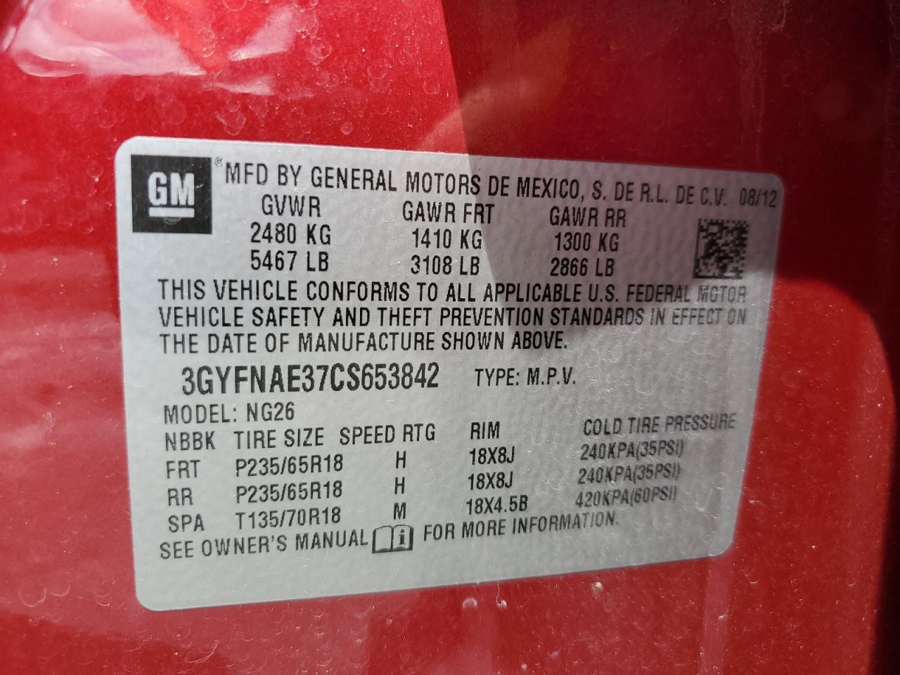 2012 Cadillac Srx Luxury Collection VIN: 3GYFNAE37CS653842 Lot: 57098045