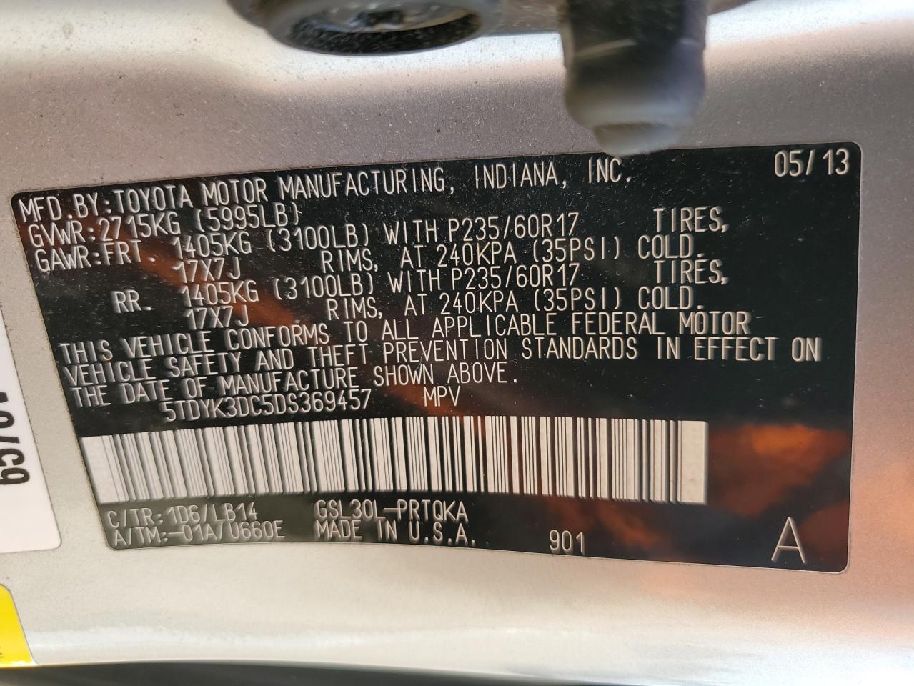 2013 Toyota Sienna Xle VIN: 5TDYK3DC5DS369457 Lot: 55522055