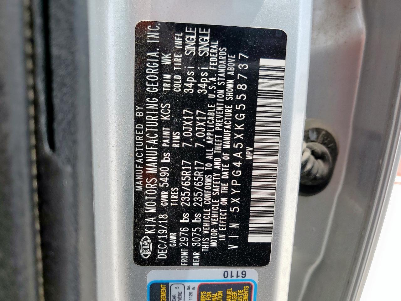 2019 Kia Sorento Lx VIN: 5XYPG4A5XKG558737 Lot: 56864265