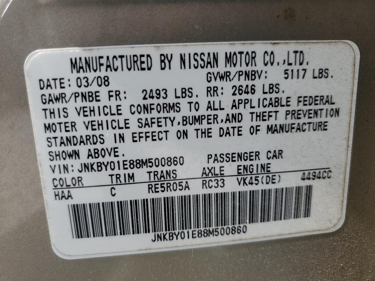 2008 Infiniti M45 Base VIN: JNKBY01E88M500860 Lot: 55987835