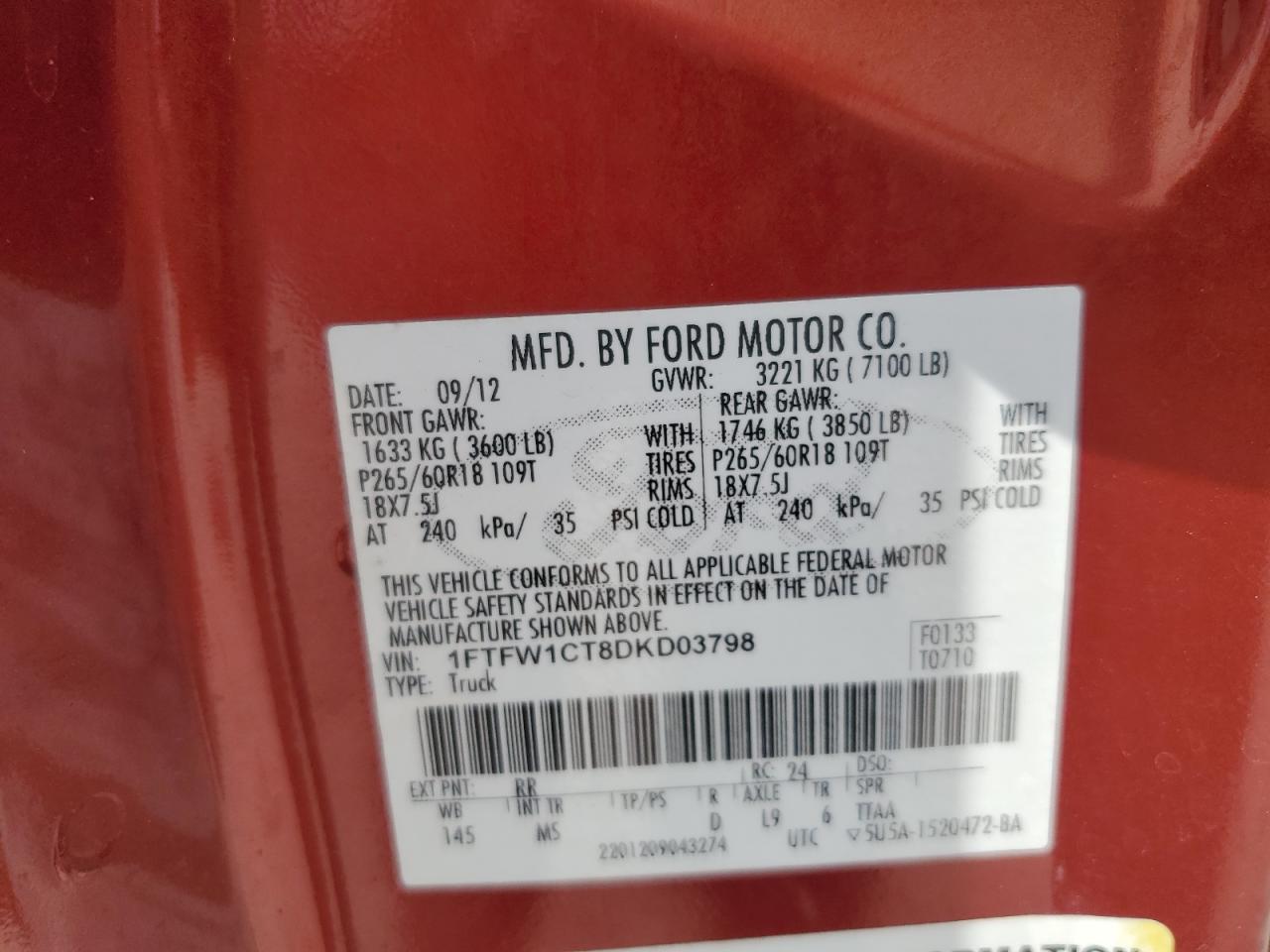 2013 Ford F150 Supercrew VIN: 1FTFW1CT8DKD03798 Lot: 81257205