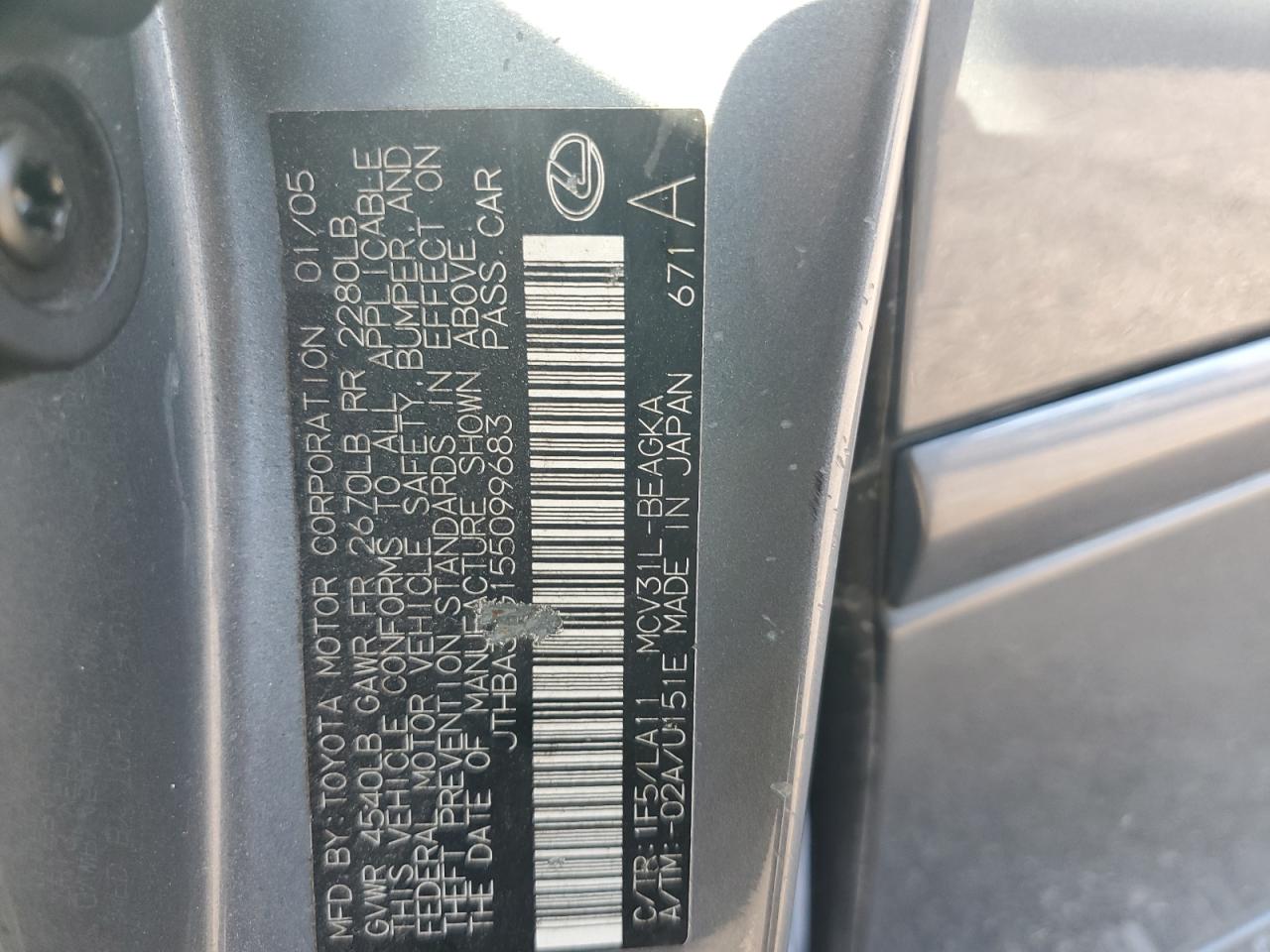 2005 Lexus Es 330 VIN: JTHBA30G155099683 Lot: 56668205