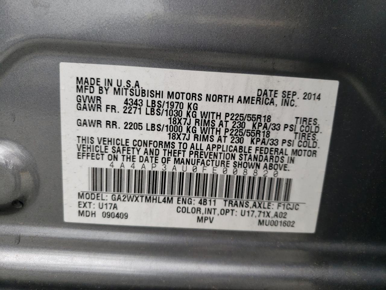 2015 Mitsubishi Outlander Sport Es VIN: 4A4AP3AU0FE008820 Lot: 56961725