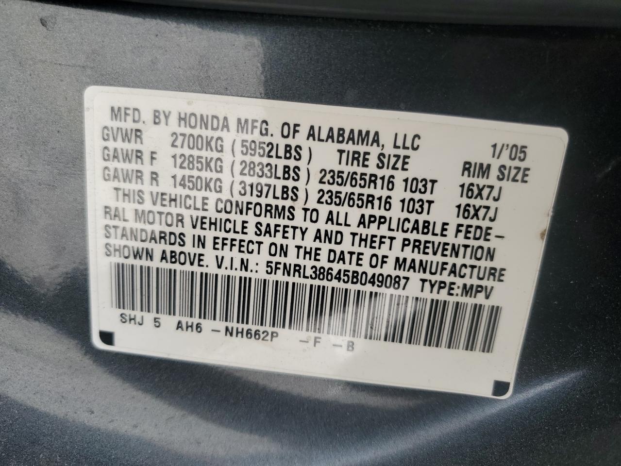 2005 Honda Odyssey Exl VIN: 5FNRL38645B049087 Lot: 56891275