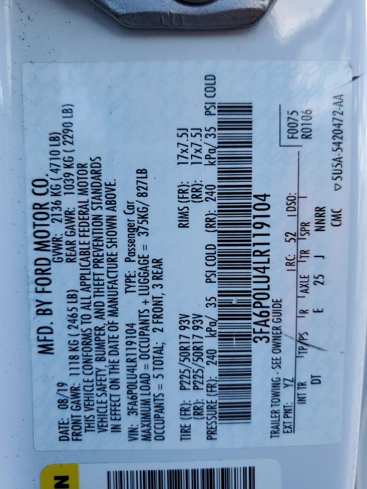 2020 Ford Fusion Se VIN: 3FA6P0LU4LR119104 Lot: 54043755