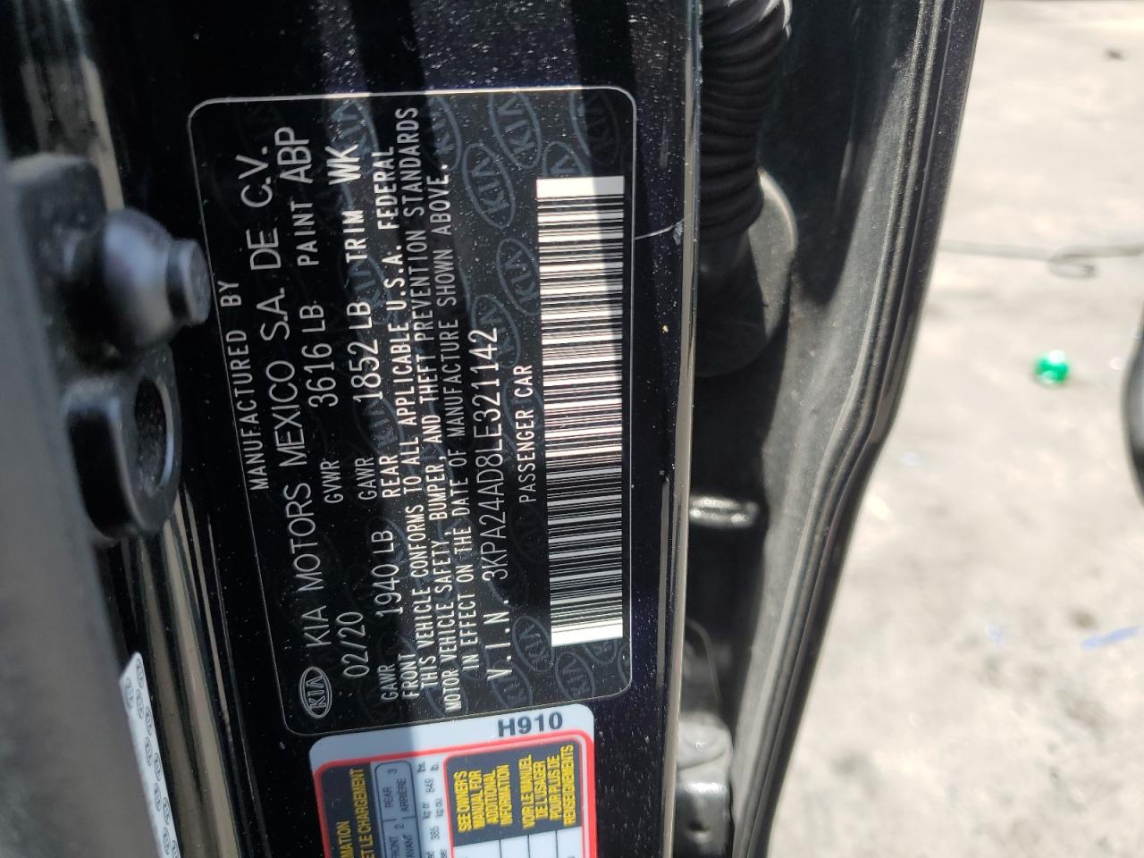 2020 Kia Rio Lx VIN: 3KPA24AD8LE321142 Lot: 58133365