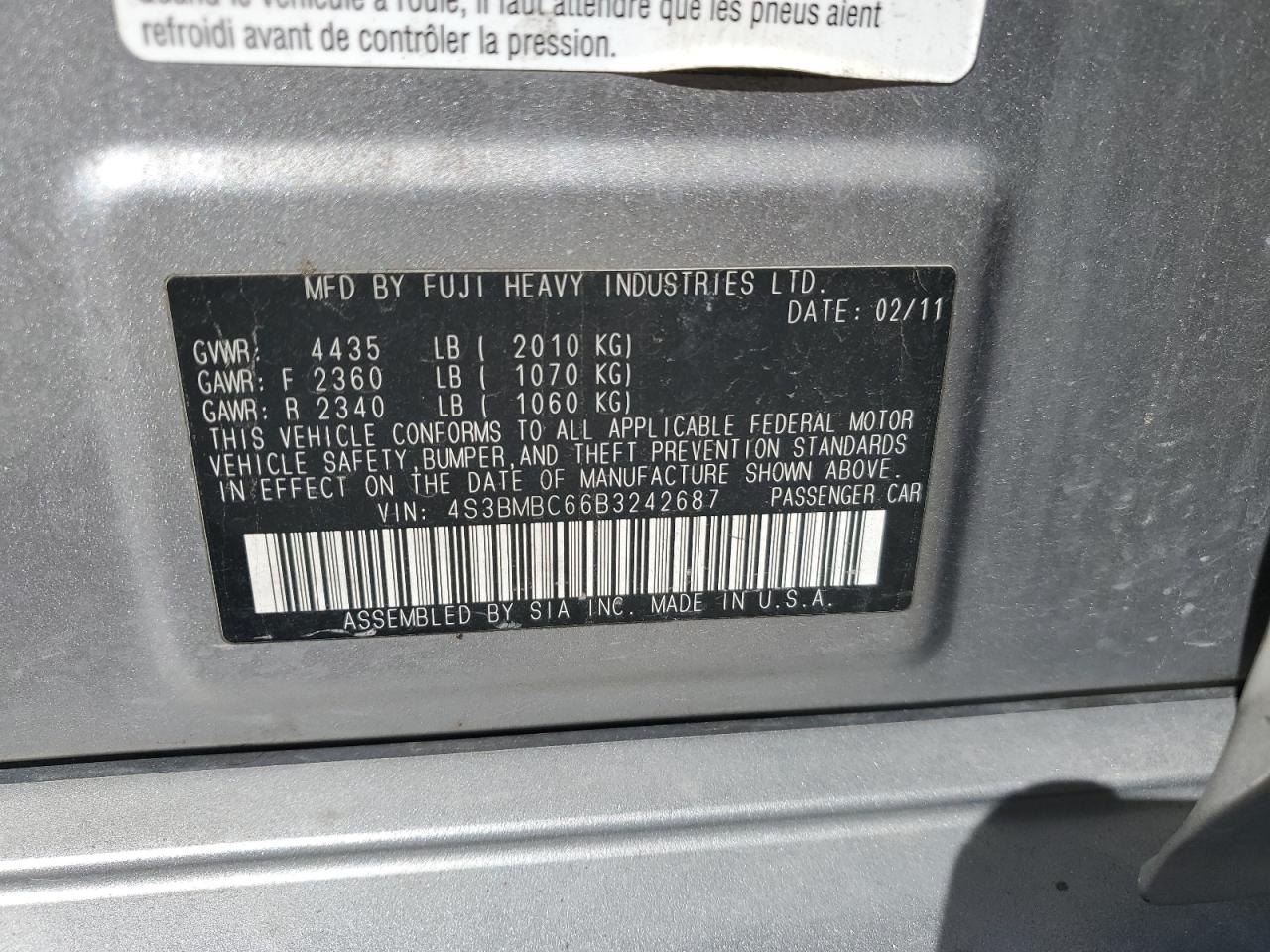 2011 Subaru Legacy 2.5I Premium VIN: 4S3BMBC66B3242687 Lot: 57078785