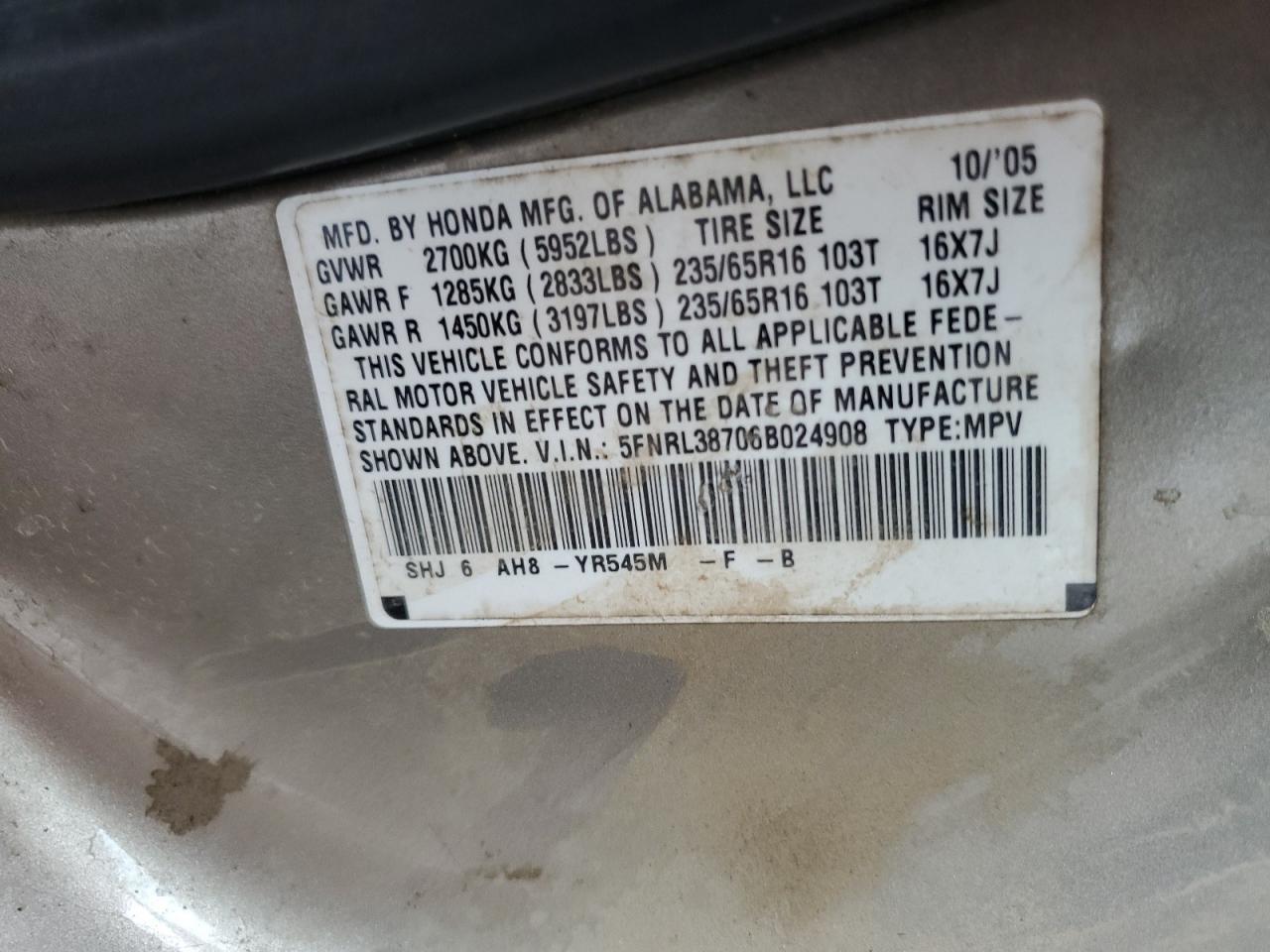2006 Honda Odyssey Exl VIN: 5FNRL38706B024908 Lot: 56828525