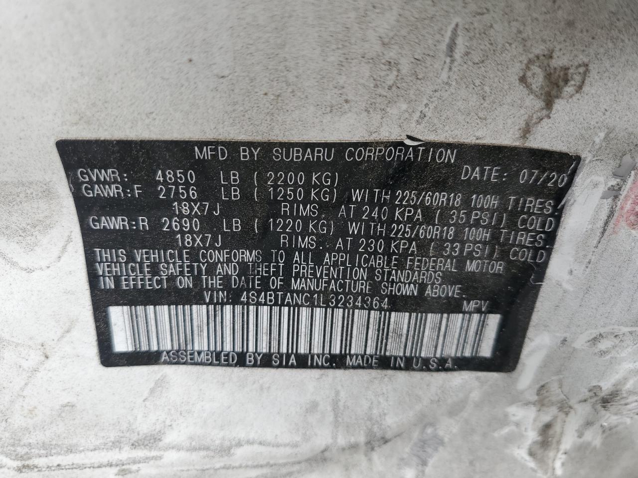 2020 Subaru Outback Limited VIN: 4S4BTANC1L3234364 Lot: 55946825