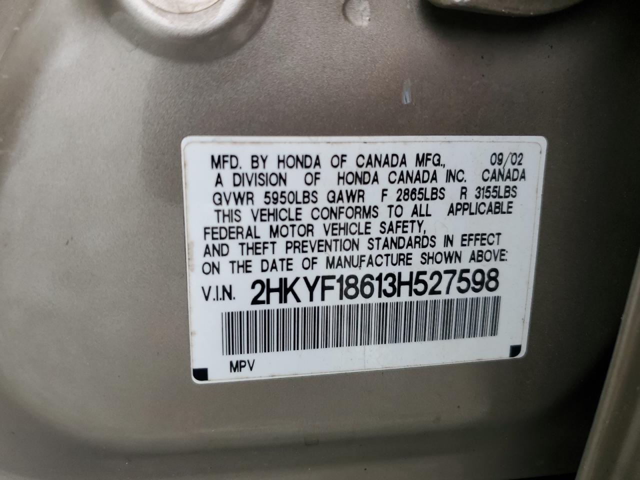 2003 Honda Pilot Exl VIN: 2HKYF18613H527598 Lot: 57129765