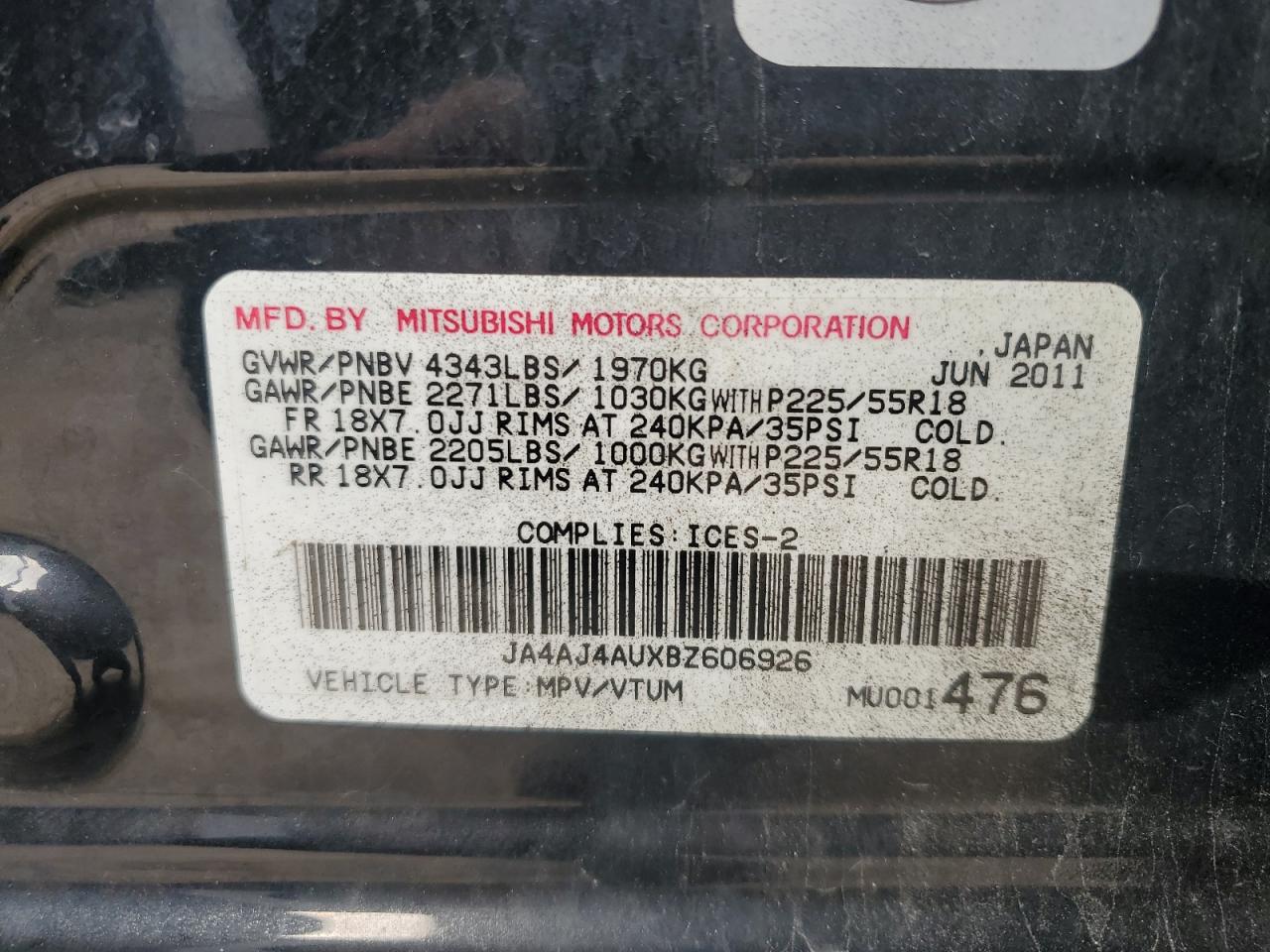 2011 Mitsubishi Rvr Gt VIN: JA4AJ4AUXBZ606926 Lot: 55754025