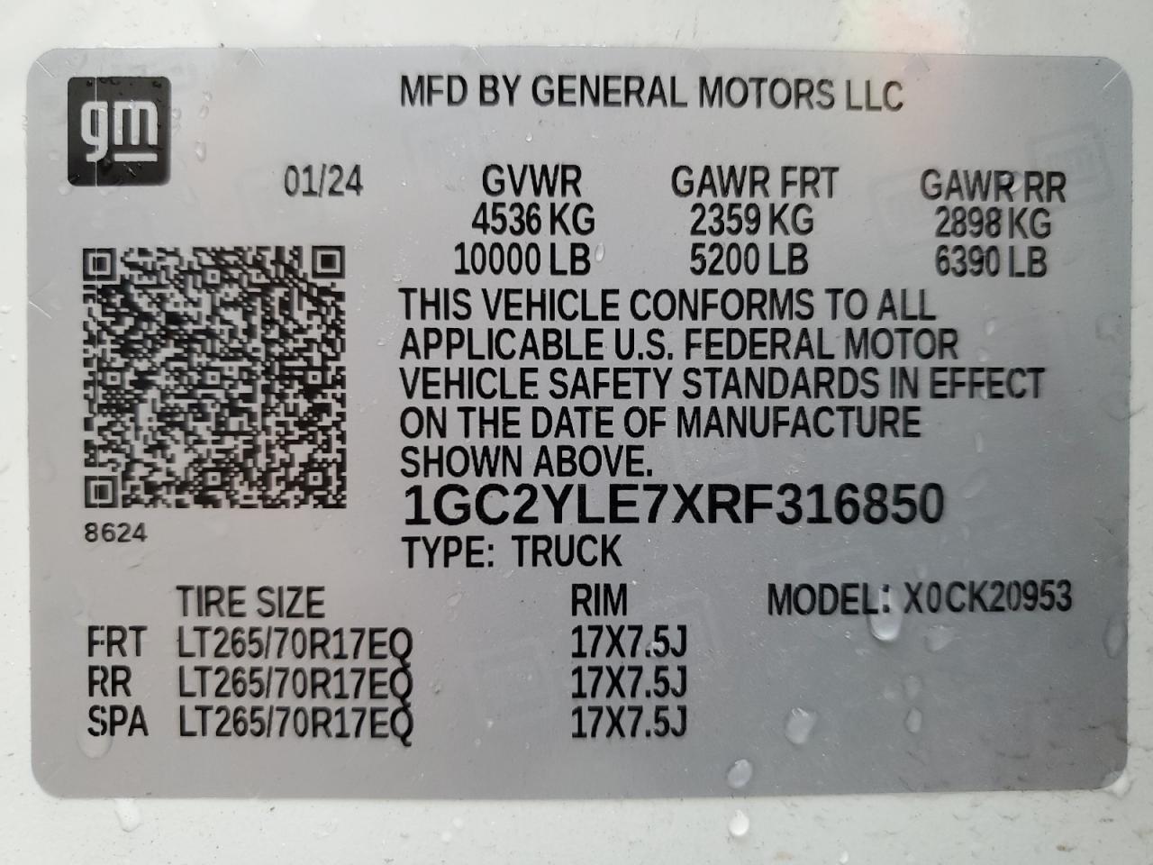 2024 Chevrolet Silverado K2500 Heavy Duty VIN: 1GC2YLE7XRF316850 Lot: 63277755