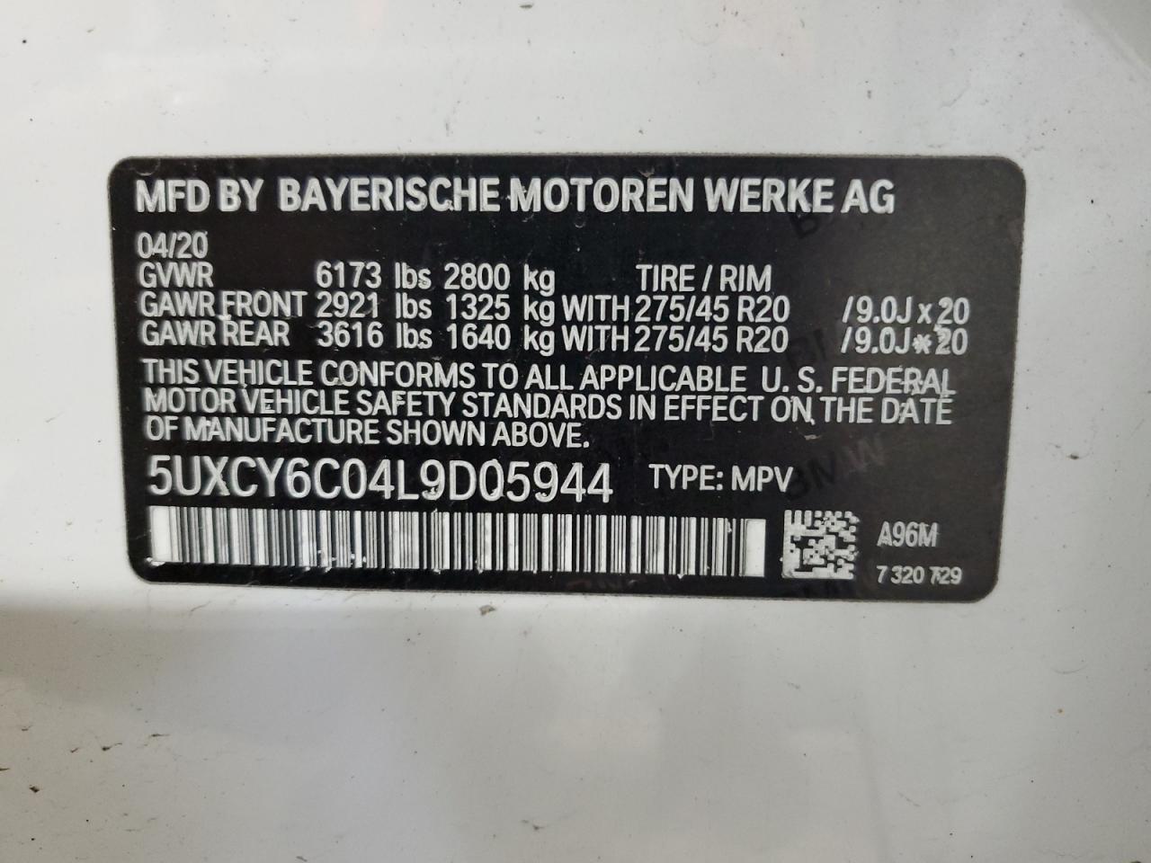2020 BMW X6 xDrive40I VIN: 5UXCY6C04L9D05944 Lot: 56392775