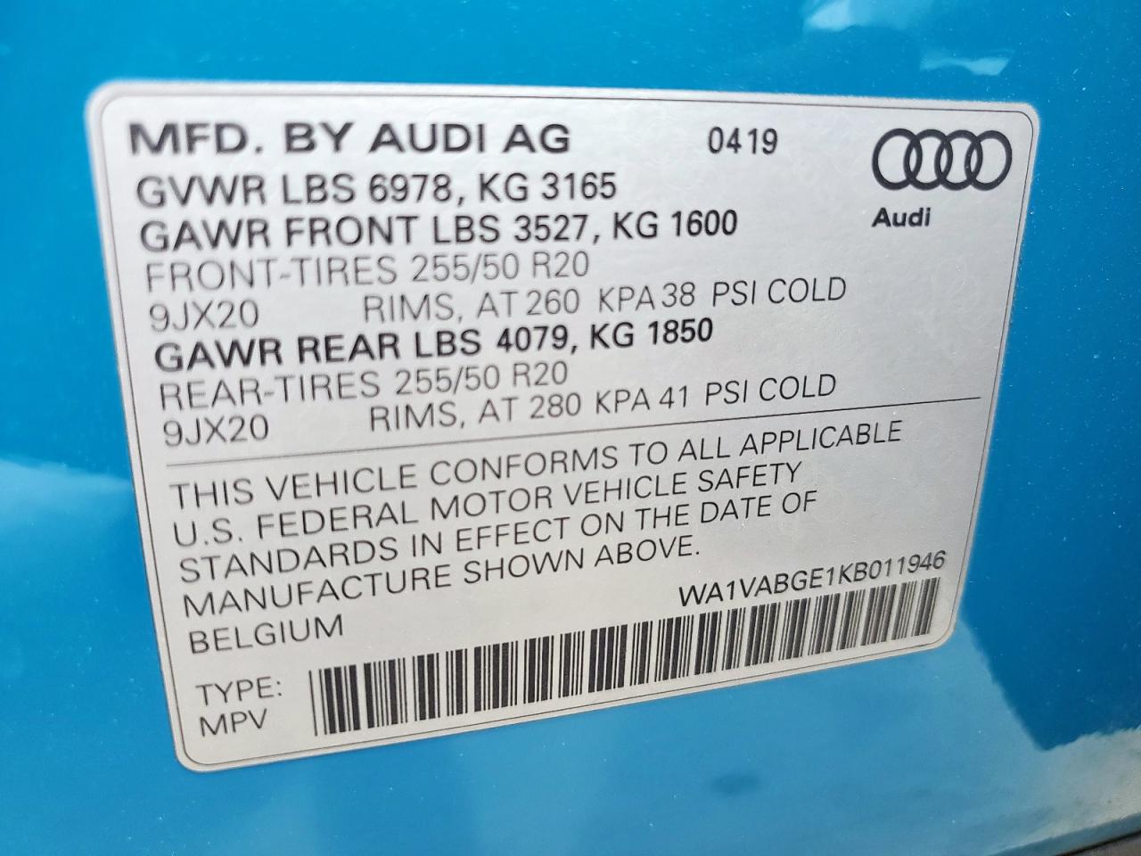 2019 Audi E-Tron Prestige VIN: WA1VABGE1KB011946 Lot: 56902655