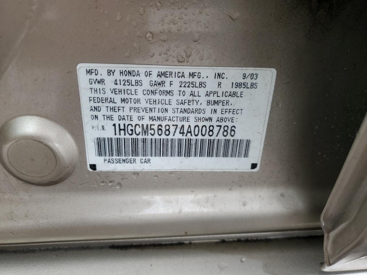 2004 Honda Accord Ex VIN: 1HGCM56874A008786 Lot: 56865065