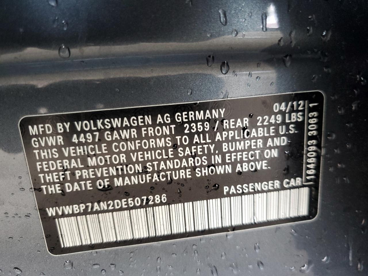 2013 Volkswagen Cc Sport VIN: WVWBP7AN2DE507286 Lot: 56715485