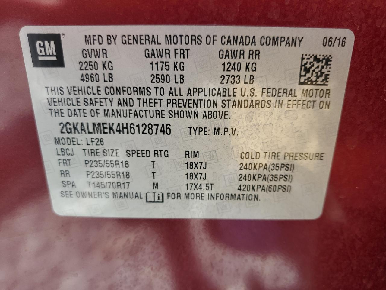 2017 GMC Terrain Sle VIN: 2GKALMEK4H6128746 Lot: 56953145