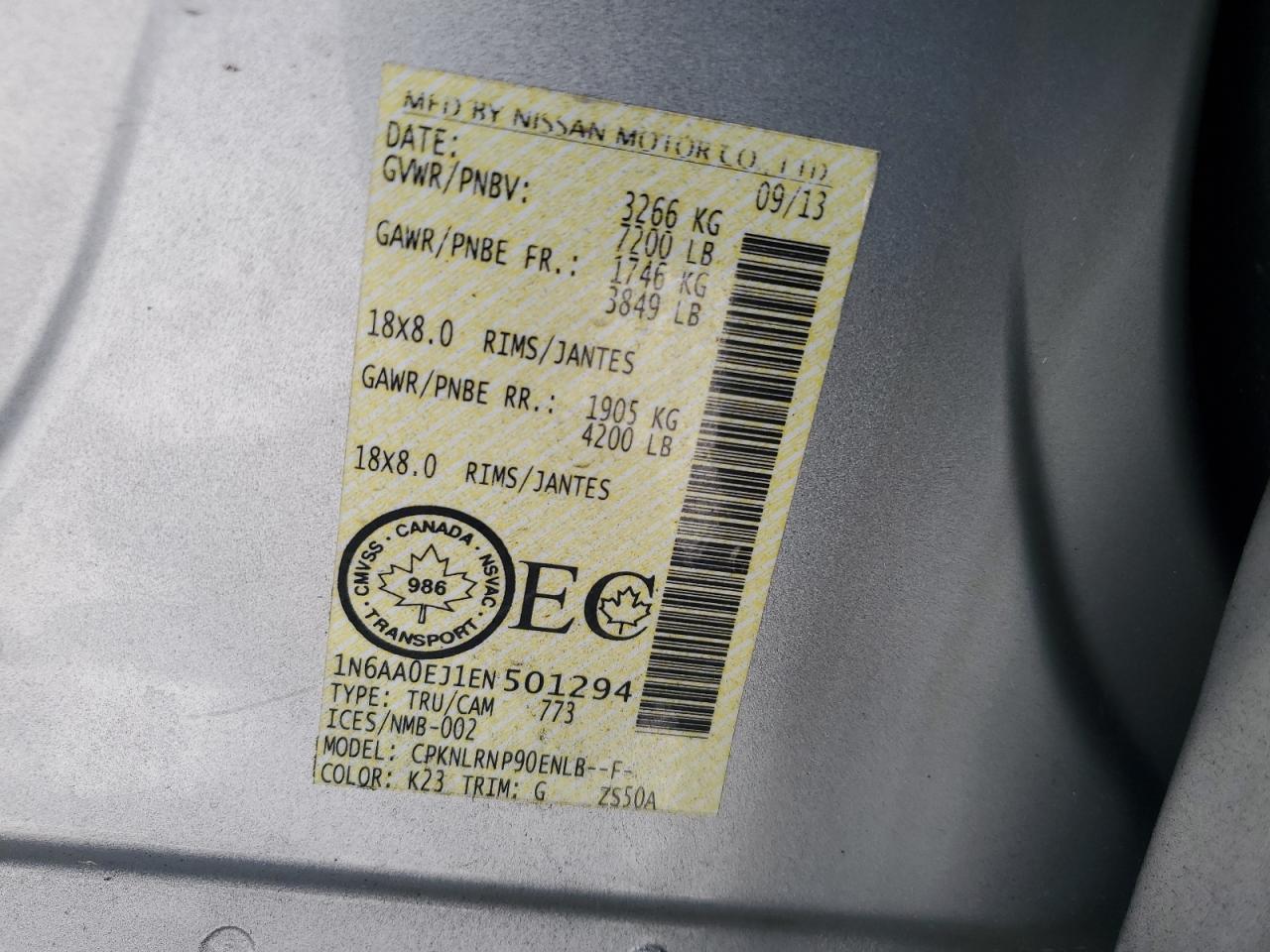 2014 Nissan Titan S VIN: 1N6AA0EJ1EN501294 Lot: 57822875