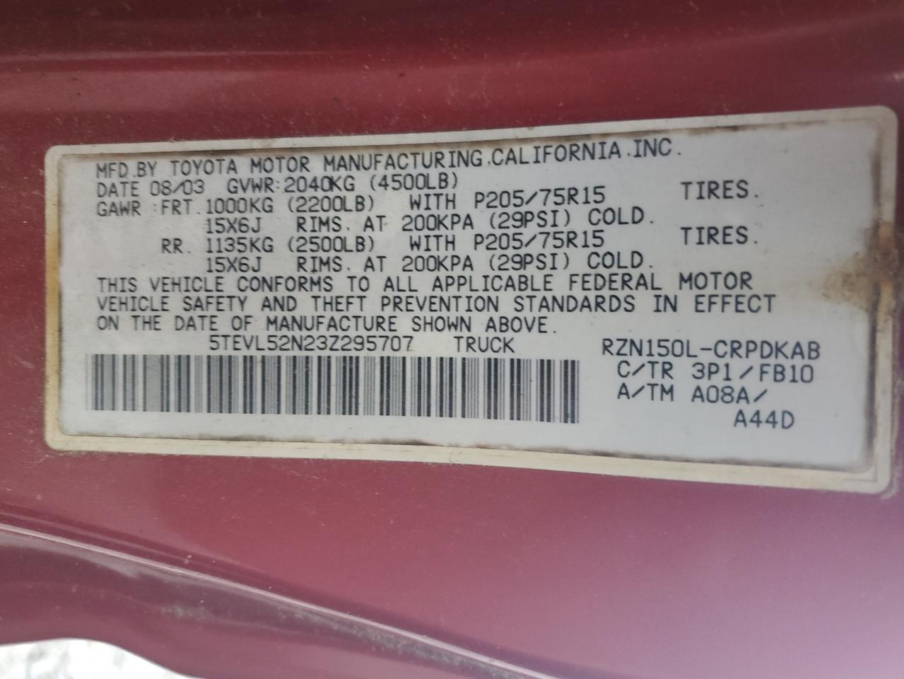 2003 Toyota Tacoma Xtracab VIN: 5TEVL52N23Z295707 Lot: 56365525
