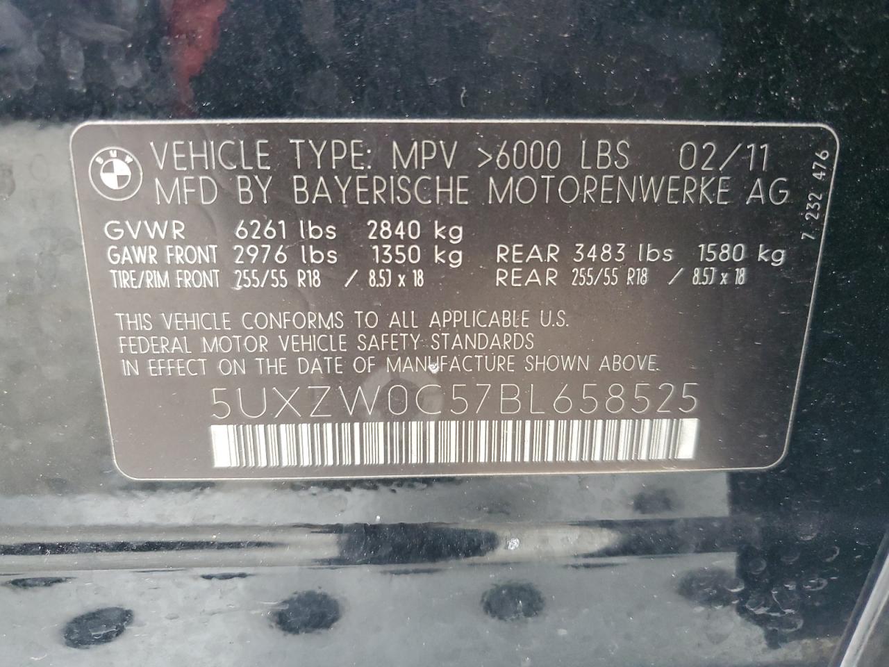 2011 BMW X5 xDrive35D VIN: 5UXZW0C57BL658525 Lot: 57152535