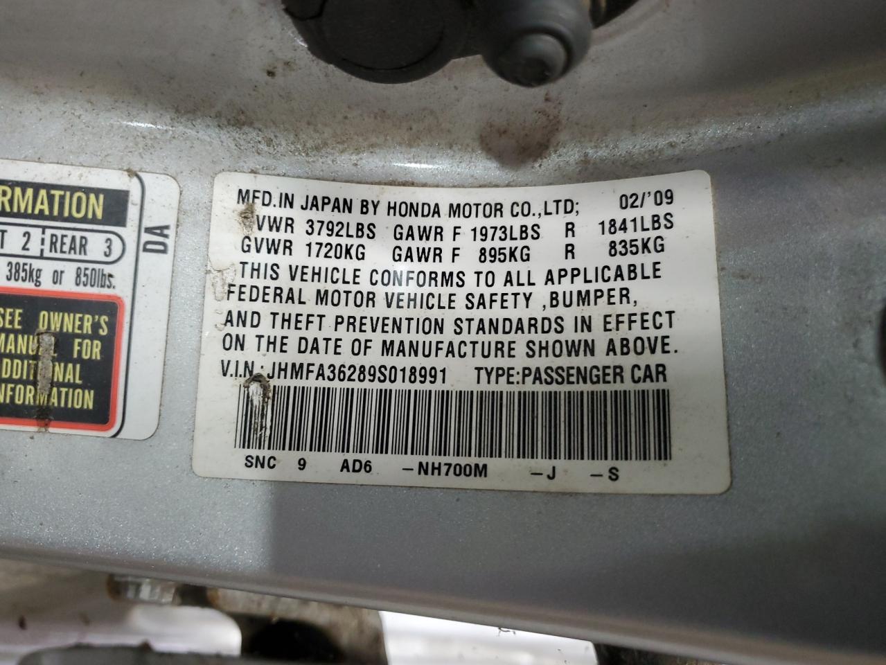 2009 Honda Civic Hybrid VIN: JHMFA36289S018991 Lot: 55884695