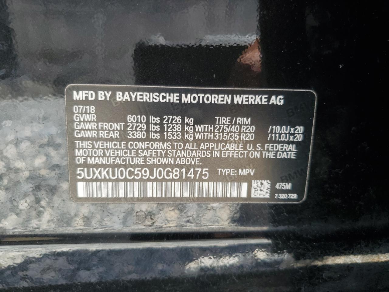 2018 BMW X6 Sdrive35I VIN: 5UXKU0C59J0G81475 Lot: 57434165