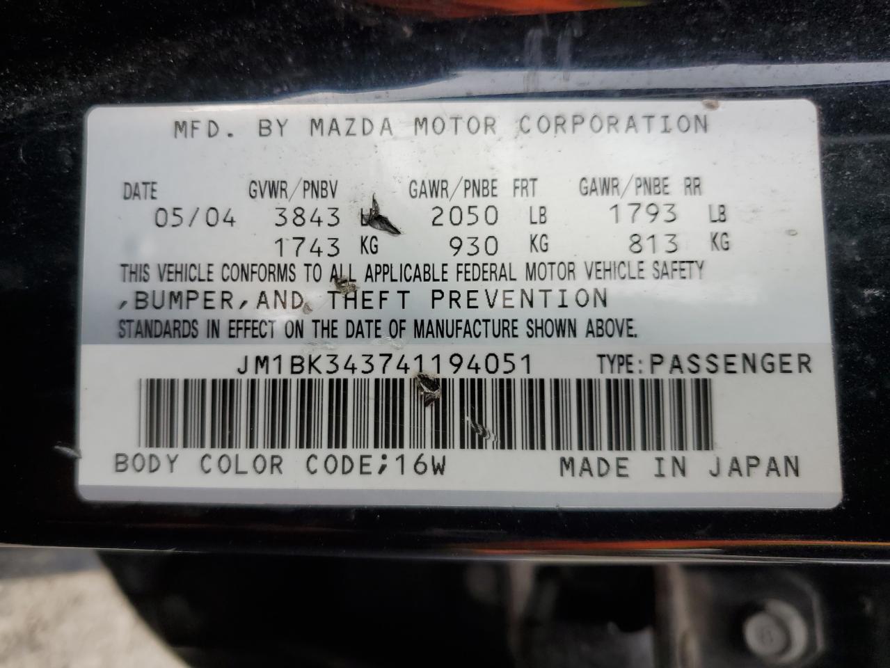 2004 Mazda 3 Hatchback VIN: JM1BK343741194051 Lot: 56667055
