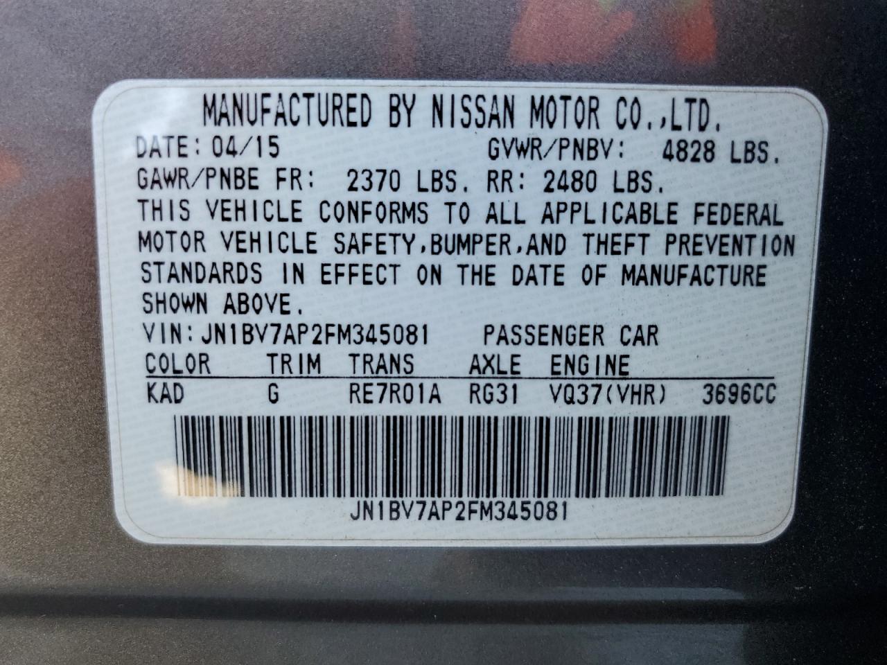 2015 Infiniti Q50 Base VIN: JN1BV7AP2FM345081 Lot: 57430895