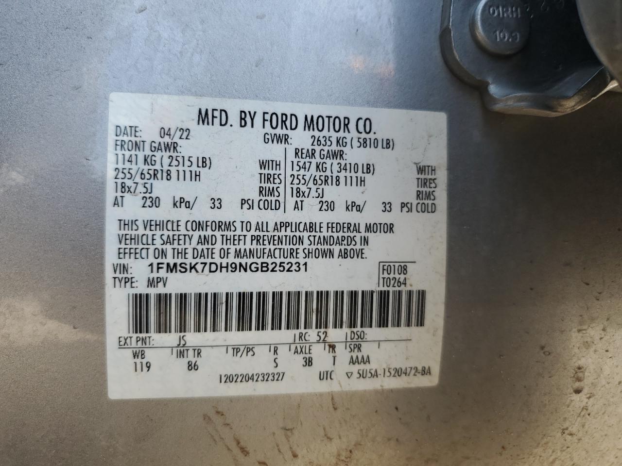 2022 Ford Explorer Xlt VIN: 1FMSK7DH9NGB25231 Lot: 56919975