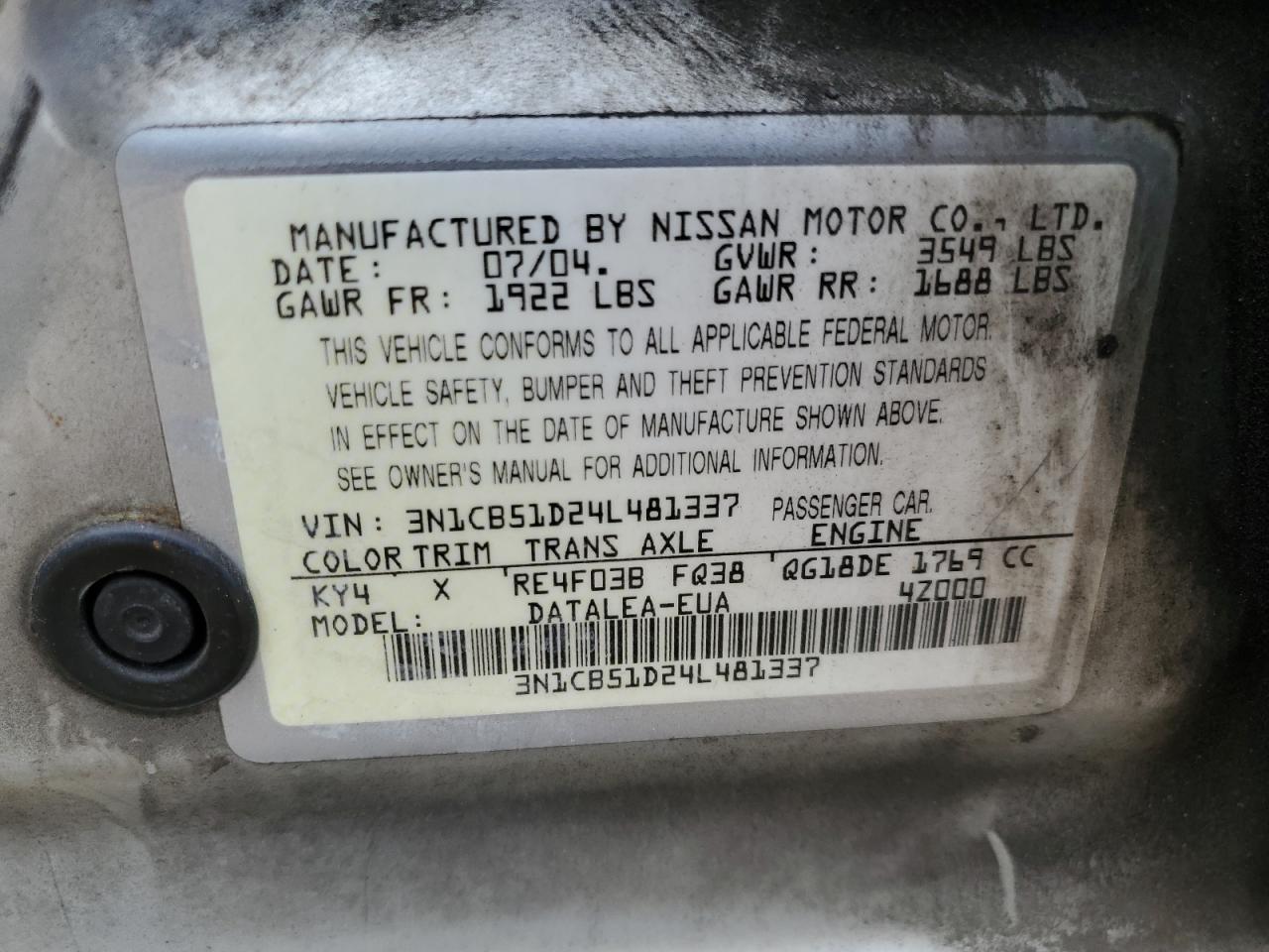 2004 Nissan Sentra 1.8 VIN: 3N1CB51D24L481337 Lot: 56649905