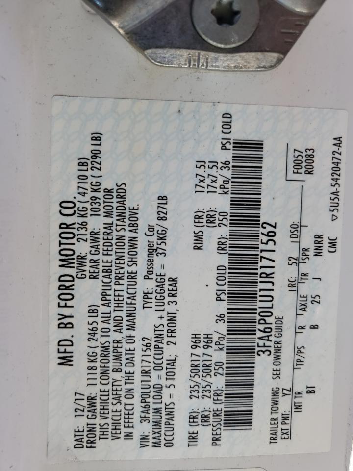 2018 Ford Fusion Se Hybrid VIN: 3FA6P0LU1JR171562 Lot: 57238265