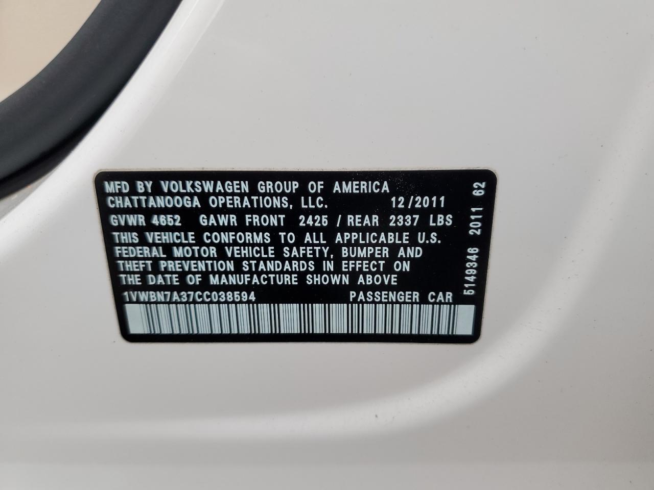 2012 Volkswagen Passat Se VIN: 1VWBN7A37CC038594 Lot: 56649335