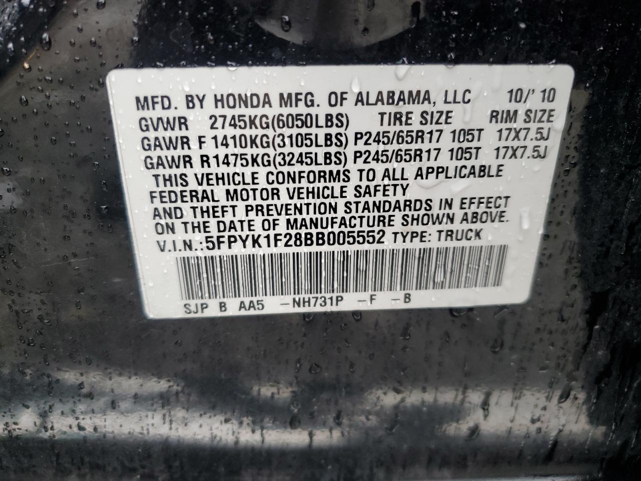 2011 Honda Ridgeline Rt VIN: 5FPYK1F28BB005552 Lot: 56646385