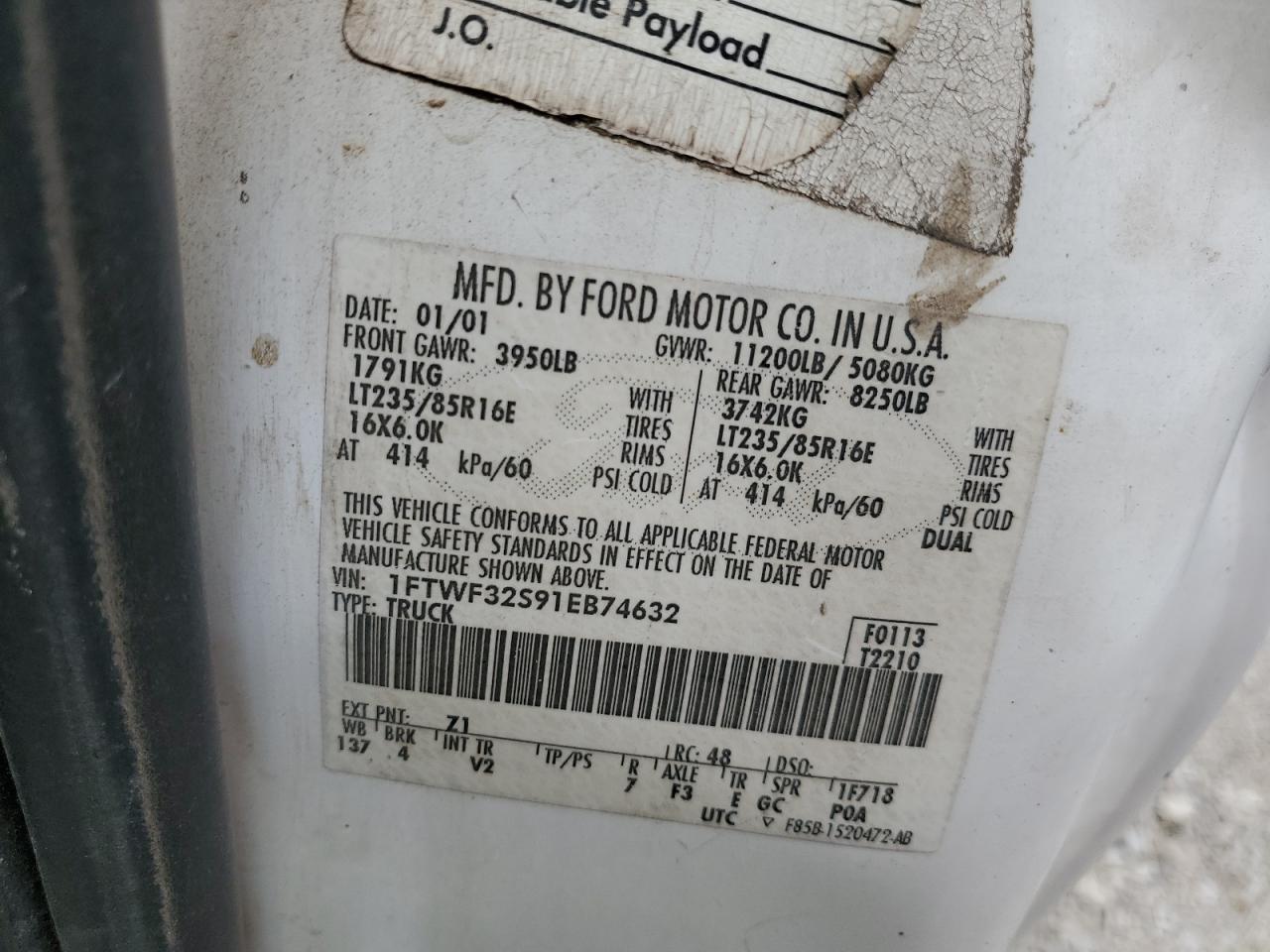 2001 Ford F350 Super Duty VIN: 1FTWF32S91EB74632 Lot: 56951995