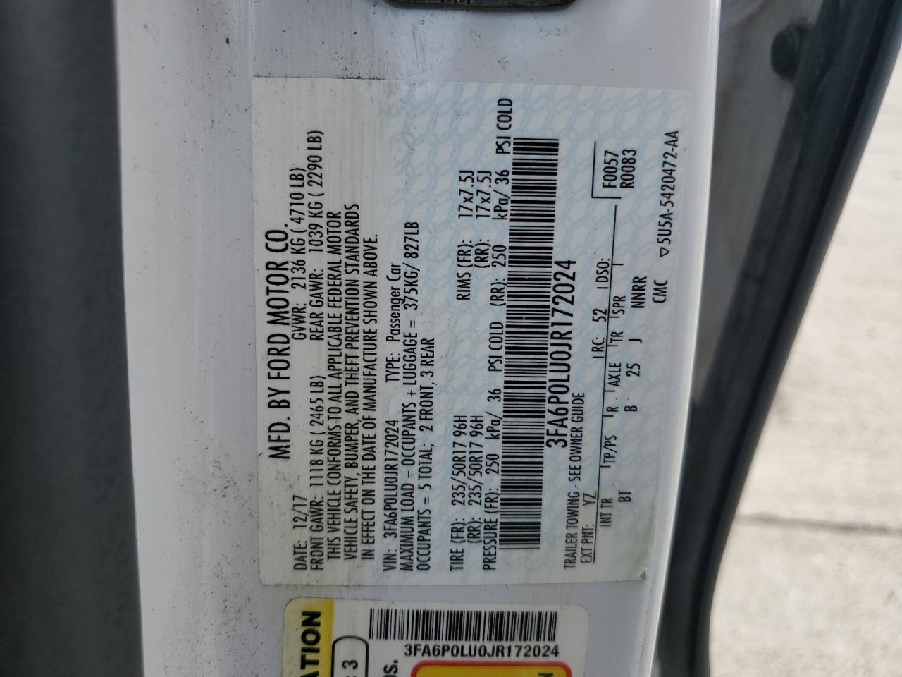 2018 Ford Fusion Se Hybrid VIN: 3FA6P0LU0JR172024 Lot: 55085105