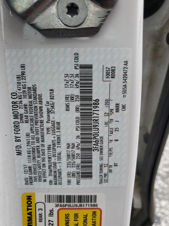 2018 Ford Fusion Se Hybrid VIN: 3FA6P0LU9JR171986 Lot: 54033985