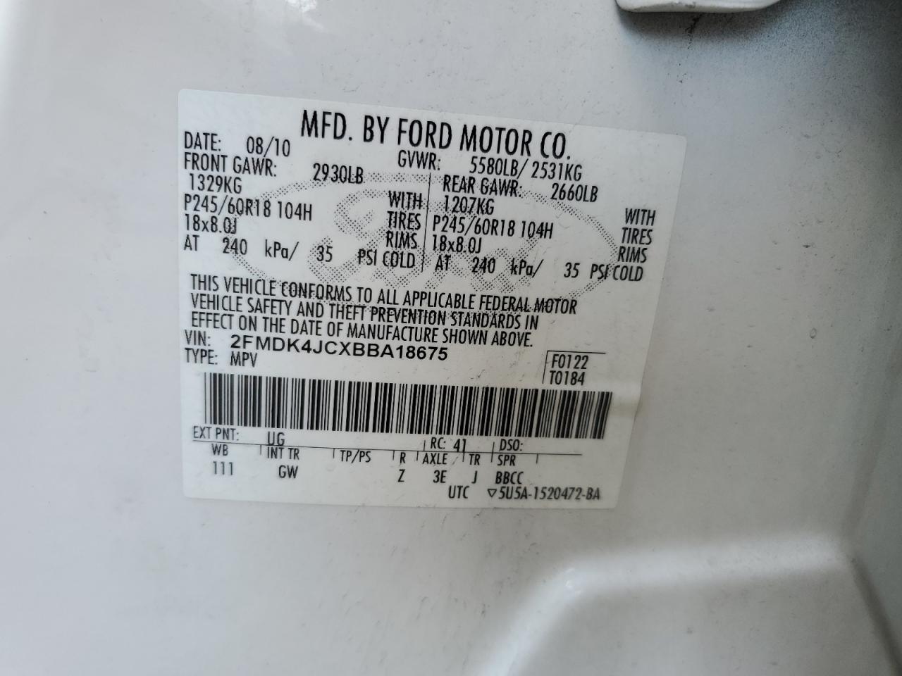 2011 Ford Edge Sel VIN: 2FMDK4JCXBBA18675 Lot: 55971555