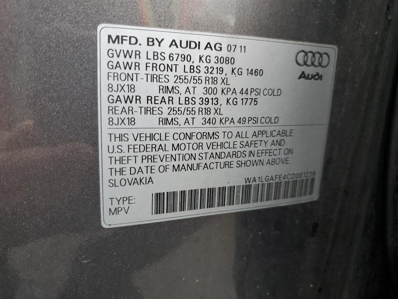 2012 Audi Q7 Premium Plus VIN: WA1LGAFE4CD001239 Lot: 55875865