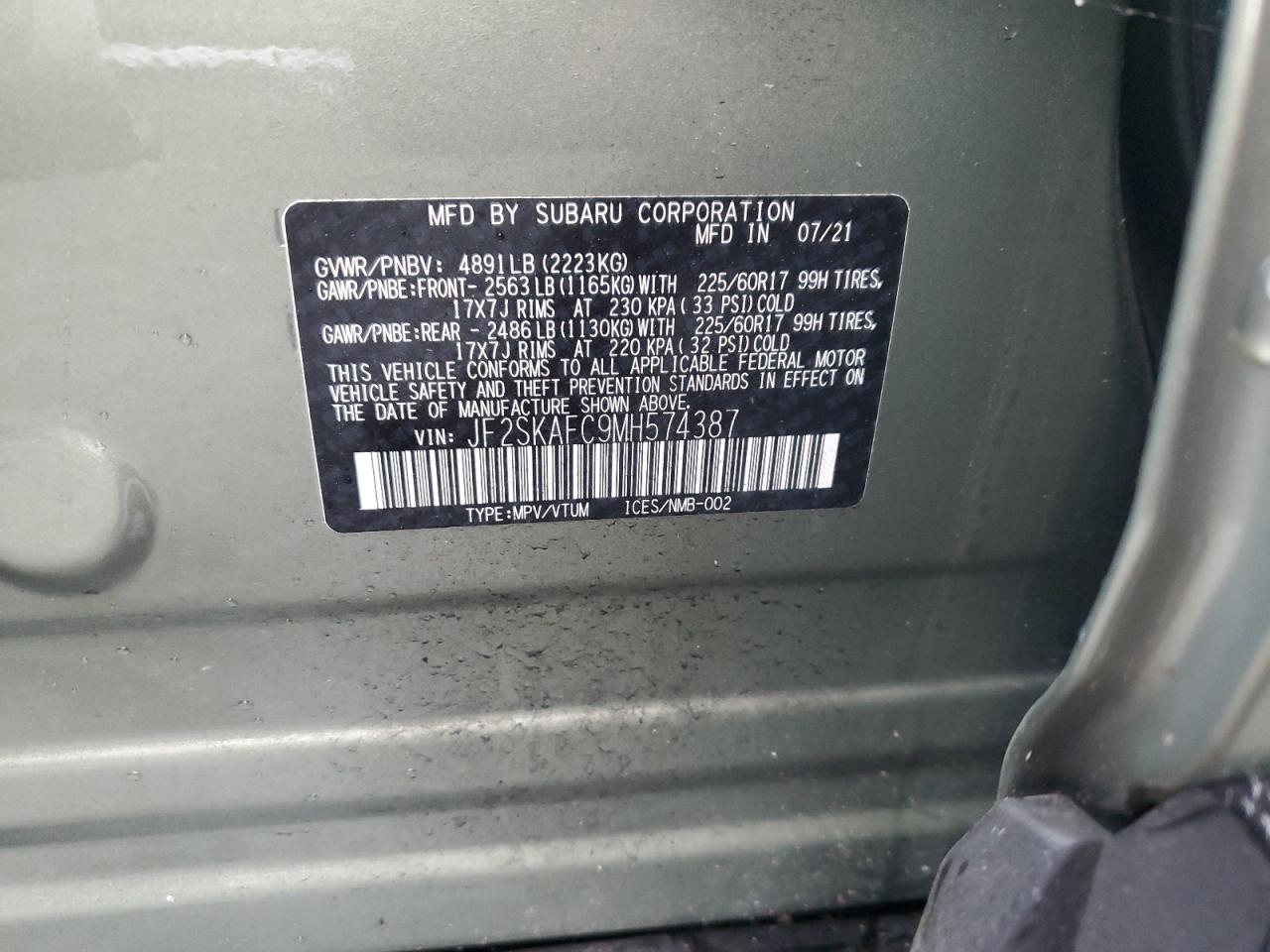 2021 Subaru Forester Premium VIN: JF2SKAFC9MH574387 Lot: 56706205