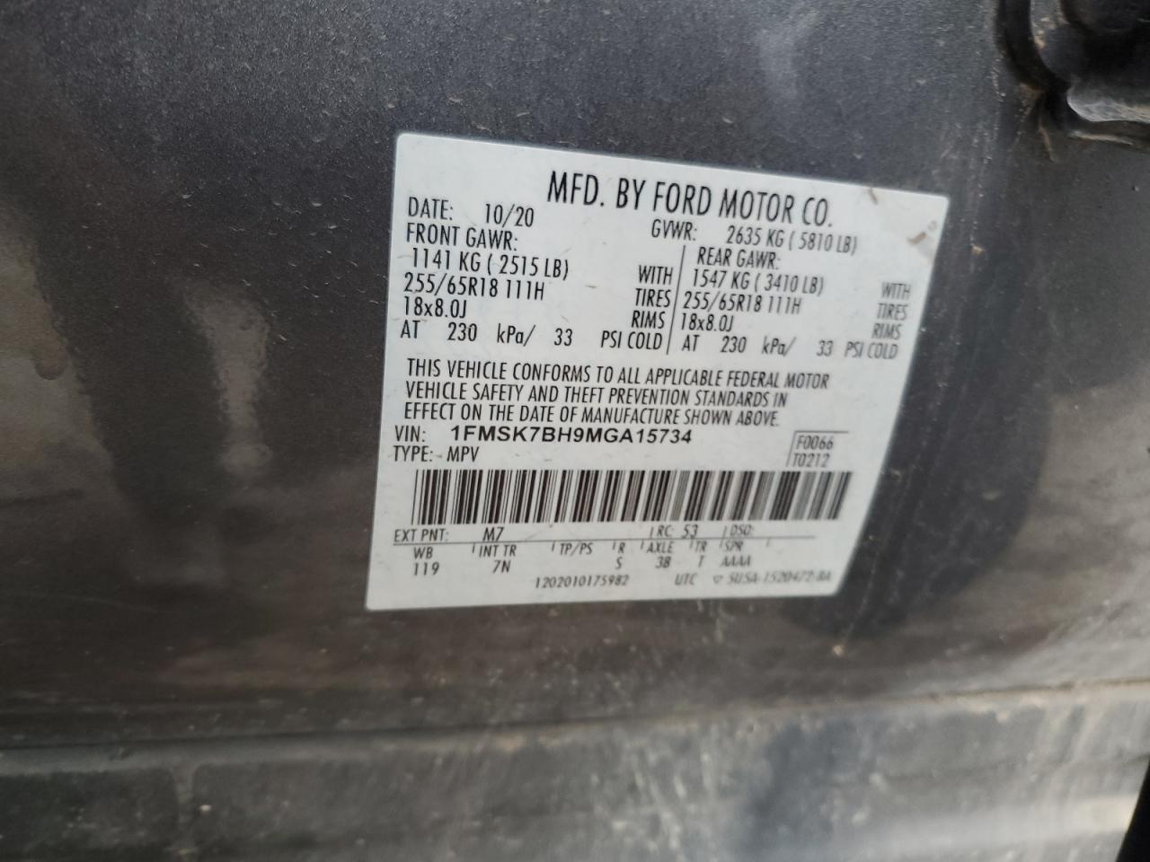 2021 Ford Explorer VIN: 1FMSK7BH9MGA15734 Lot: 58917685