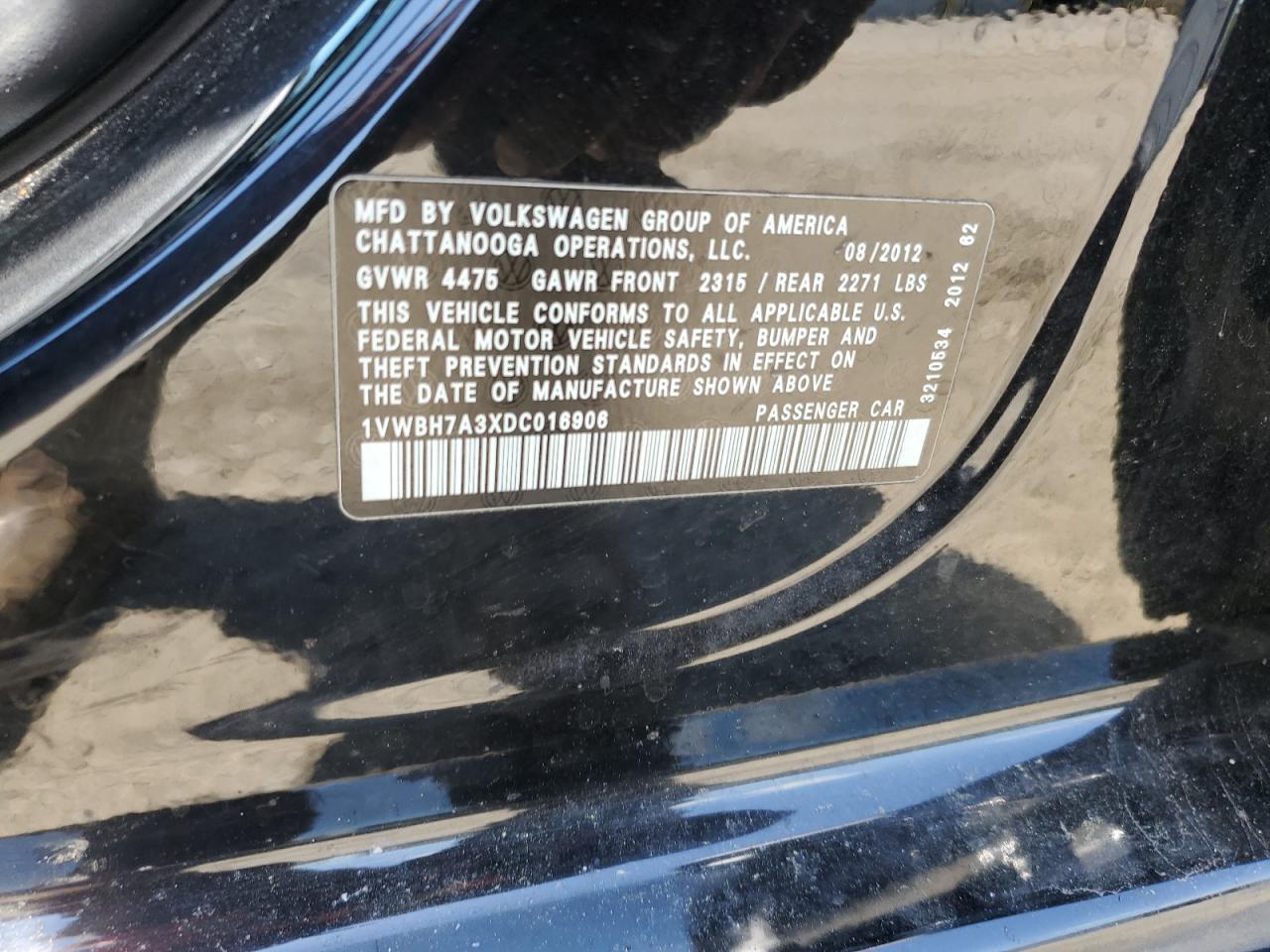 2013 Volkswagen Passat Se VIN: 1VWBH7A3XDC016906 Lot: 56977465