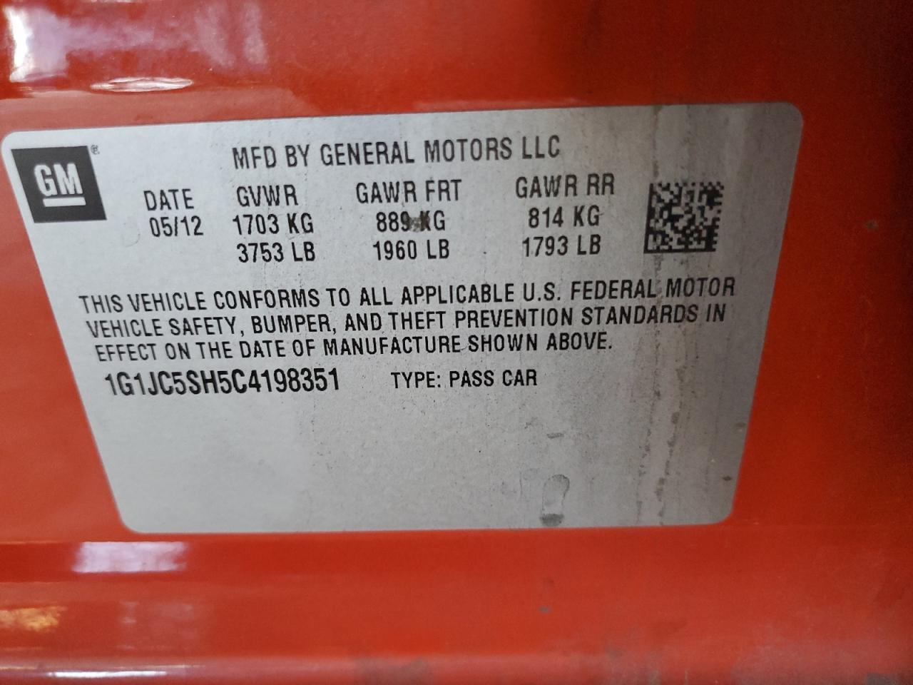 2012 Chevrolet Sonic Lt VIN: 1G1JC5SH5C4198351 Lot: 57488415