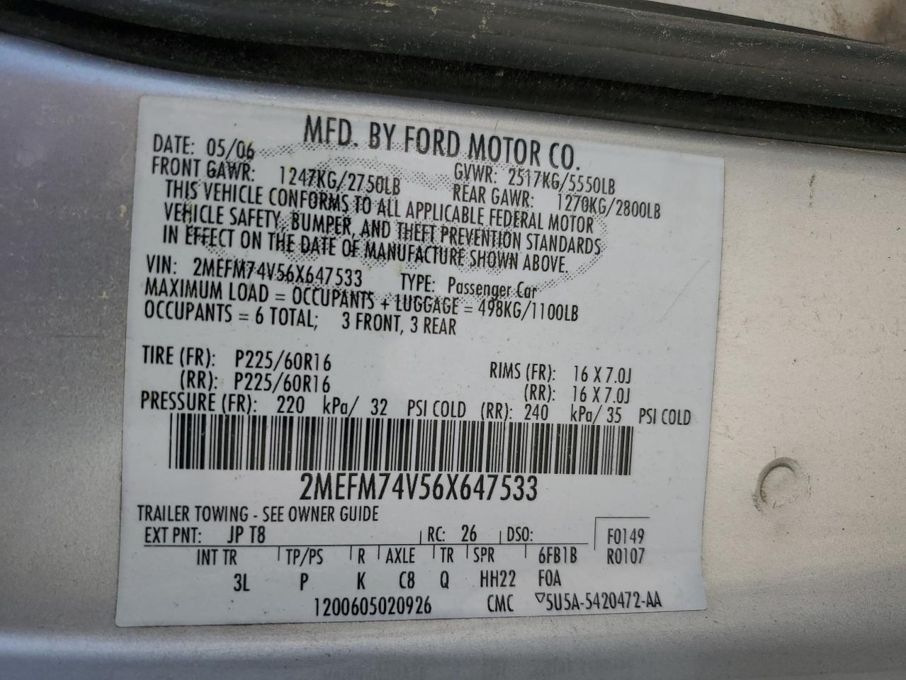 2006 Mercury Grand Marquis Gs VIN: 2MEFM74V56X647533 Lot: 55027335